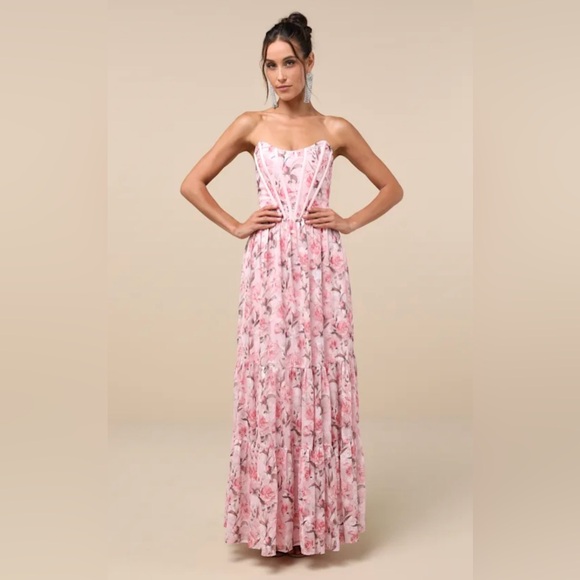 Lulus Dresses & Skirts - Lulu's Special Moment Strapless Bustier Pink Floral Maxi Dress Size XL NWT